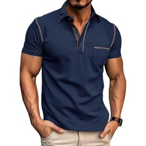 imageMens Fashion Polo Shirts Classic Short Sleeve Lightweight Button Cotton TShirt Casual Golf Tee Tops with PocketNavy