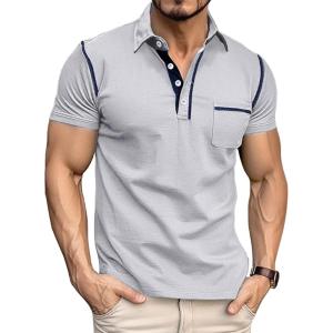 imageMens Fashion Polo Shirts Classic Short Sleeve Lightweight Button Cotton TShirt Casual Golf Tee Tops with PocketWhite