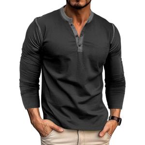 imageMens Henley Long Sleeve Shirts Casual Button TShirt Classic Basic Lightweight Pullover Cotton Tees Fashion TopsBlack