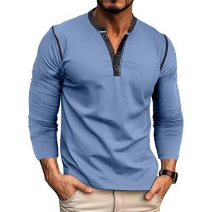imageMens Henley Long Sleeve Shirts Casual Button TShirt Classic Basic Lightweight Pullover Cotton Tees Fashion TopsBlue