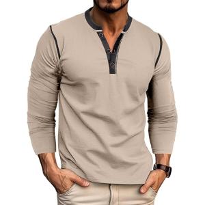 imageMens Henley Long Sleeve Shirts Casual Button TShirt Classic Basic Lightweight Pullover Cotton Tees Fashion TopsKhaki