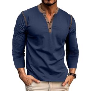 imageMens Henley Long Sleeve Shirts Casual Button TShirt Classic Basic Lightweight Pullover Cotton Tees Fashion TopsNavy