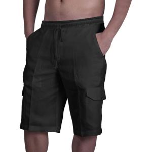 imageMens Linen Shorts Casual Cotton Elastic Waist Drawstring Summer Beach Vacation Shorts with PocketsBlack