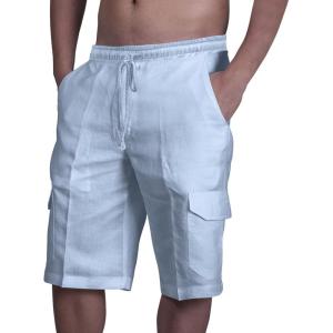imageMens Linen Shorts Casual Cotton Elastic Waist Drawstring Summer Beach Vacation Shorts with PocketsBluegrey
