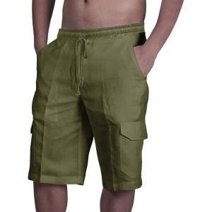 imageMens Linen Shorts Casual Cotton Elastic Waist Drawstring Summer Beach Vacation Shorts with PocketsGreen