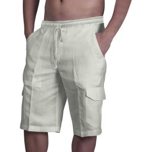 imageMens Linen Shorts Casual Cotton Elastic Waist Drawstring Summer Beach Vacation Shorts with PocketsKhaki3