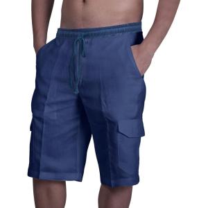imageMens Linen Shorts Casual Cotton Elastic Waist Drawstring Summer Beach Vacation Shorts with PocketsNavy