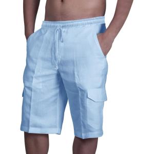 imageMens Linen Shorts Casual Cotton Elastic Waist Drawstring Summer Beach Vacation Shorts with PocketsSky Blue