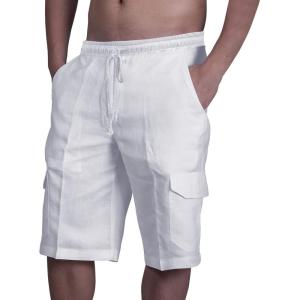 imageMens Linen Shorts Casual Cotton Elastic Waist Drawstring Summer Beach Vacation Shorts with PocketsWhite