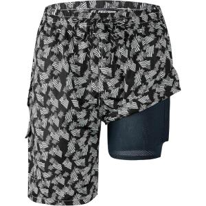imageMens Swim Trunks 9quot Board Shorts with Compression Liner Swimsuit Builtin Bathing Suit Quick Dry Swimwear Zipper PocketBlack Vintage Flag