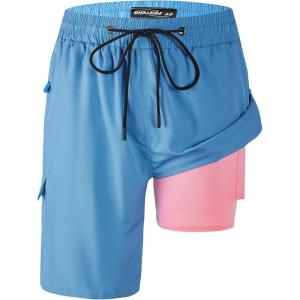 imageMens Swim Trunks 9quot Board Shorts with Compression Liner Swimsuit Builtin Bathing Suit Quick Dry Swimwear Zipper PocketBlue