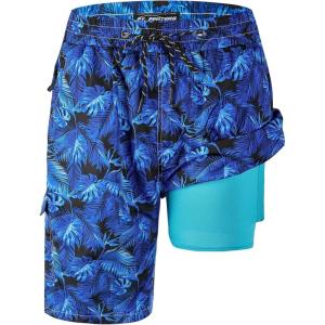 imageMens Swim Trunks 9quot Board Shorts with Compression Liner Swimsuit Builtin Bathing Suit Quick Dry Swimwear Zipper PocketBlue Leaves