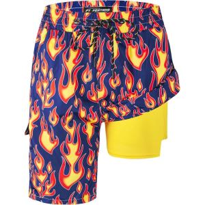imageMens Swim Trunks 9quot Board Shorts with Compression Liner Swimsuit Builtin Bathing Suit Quick Dry Swimwear Zipper PocketFlame
