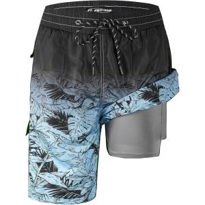 imageMens Swim Trunks 9quot Board Shorts with Compression Liner Swimsuit Builtin Bathing Suit Quick Dry Swimwear Zipper PocketGradient Dark Green Leaves