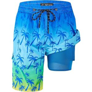 imageMens Swim Trunks 9quot Board Shorts with Compression Liner Swimsuit Builtin Bathing Suit Quick Dry Swimwear Zipper PocketGradient Palm Tree
