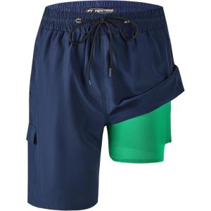 imageMens Swim Trunks 9quot Board Shorts with Compression Liner Swimsuit Builtin Bathing Suit Quick Dry Swimwear Zipper PocketNavy