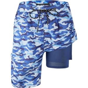 imageMens Swim Trunks 9quot Board Shorts with Compression Liner Swimsuit Builtin Bathing Suit Quick Dry Swimwear Zipper PocketNavy Camo