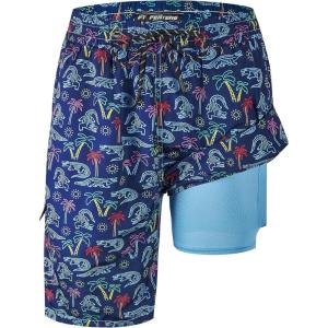 imageMens Swim Trunks 9quot Board Shorts with Compression Liner Swimsuit Builtin Bathing Suit Quick Dry Swimwear Zipper PocketNeon Crocodile