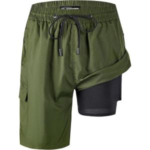 imageMens Swim Trunks 9quot Board Shorts with Compression Liner Swimsuit Builtin Bathing Suit Quick Dry Swimwear Zipper PocketOlive Green