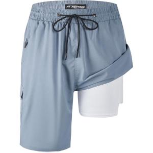 imageMens Swim Trunks 9quot Board Shorts with Compression Liner Swimsuit Builtin Bathing Suit Quick Dry Swimwear Zipper PocketSilver Grey