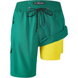 imageMens Swim Trunks 9quot Board Shorts with Compression Liner Swimsuit Builtin Bathing Suit Quick Dry Swimwear Zipper PocketTurquoise