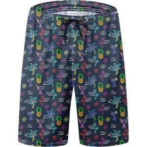 imageMens Swim Trunks Quick Dry Board Shorts with Mesh Lining Breathable Fit Hawaii Beach Shorts Swimwear Bathing SuitsNeon Palm Flamingo