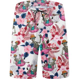 imageMens Swim Trunks Quick Dry Board Shorts with Mesh Lining Breathable Fit Hawaii Beach Shorts Swimwear Bathing SuitsPink Skull Flamingo
