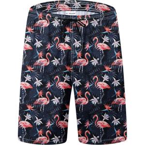 imageMens Swim Trunks Quick Dry Board Shorts with Mesh Lining Breathable Fit Hawaii Beach Shorts Swimwear Bathing SuitsTropical Leaf Flamingo