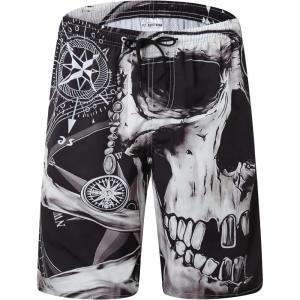 imageMens Swim Trunks Quick Dry Board Shorts with Mesh Lining Breathable Surf Beach Shorts Swimwear Bathing SuitsBlack Skull
