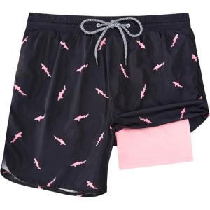 imageMens Swim Trunks with Compression Liner 5quot Stretch Board Shorts Quick Dry Zipper Pockets 2 in 1 Mens Bathing SuitsPink Shark