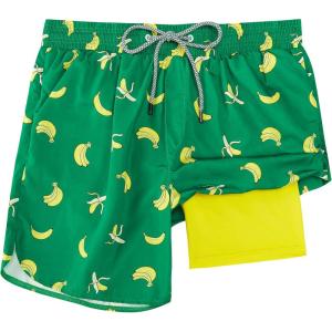 imageMens Swim Trunks with Compression Liner 5quot Stretch Board Shorts Quick Dry Zipper Pockets 2 in 1 Mens Bathing SuitsYellow Banana