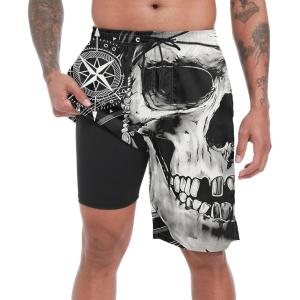 imageMens Swim Trunks with Compression Liner 9quot Board Shorts 2 in 1 Quick Dry Beach Swimwear Bathing Suits for MenSkullc