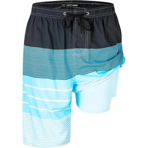imageMens Swim Trunks with Compression Liner 9quot Stretch Board Shorts 2 in 1 Quick Dry Swimwear Bathing Suits80s Stripec