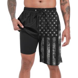 imageMens Swim Trunks with Compression Liner 9quot Stretch Board Shorts 2 in 1 Quick Dry Swimwear Bathing SuitsBlack Flagd