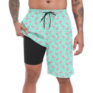 imageMens Swim Trunks with Compression Liner 9quot Stretch Board Shorts 2 in 1 Quick Dry Swimwear Bathing SuitsFlamingoc