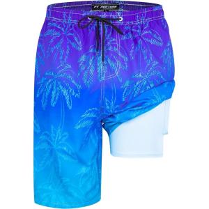 imageMens Swim Trunks with Compression Liner 9quot Stretch Board Shorts 2 in 1 Quick Dry Swimwear Bathing SuitsGradient Blue Palmc