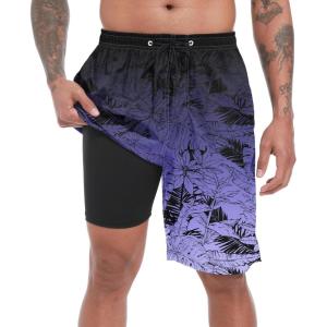 imageMens Swim Trunks with Compression Liner 9quot Stretch Board Shorts 2 in 1 Quick Dry Swimwear Bathing SuitsGradient Lavender Leaf