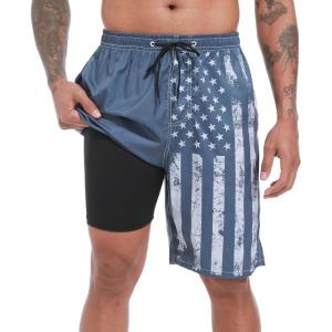 imageMens Swim Trunks with Compression Liner 9quot Stretch Board Shorts 2 in 1 Quick Dry Swimwear Bathing SuitsNavy Flagc