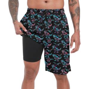 imageMens Swim Trunks with Compression Liner 9quot Stretch Board Shorts 2 in 1 Quick Dry Swimwear Bathing SuitsNeon Dinosaur