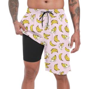 imageMens Swim Trunks with Compression Liner 9quot Stretch Board Shorts 2 in 1 Quick Dry Swimwear Bathing SuitsPink Bananac