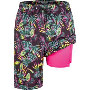 imageMens Swim Trunks with Compression Liner 9quot Stretch Board Shorts 2 in 1 Quick Dry Swimwear Bathing SuitsPurple Tropical Leaves