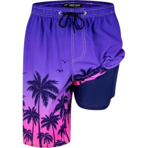 imageMens Swim Trunks with Compression Liner 9quot Stretch Board Shorts 2 in 1 Quick Dry Swimwear Bathing SuitsSunset Palm Treec