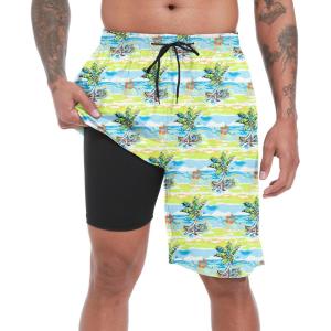 imageMens Swim Trunks with Compression Liner 9quot Stretch Board Shorts 2 in 1 Quick Dry Swimwear Bathing SuitsWatercolor Palm Tree