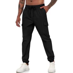 imageLzzidou Mens Casual Cargo Jogger Pants Drawstring Waist Lightweight Straight SweatpantsBlack