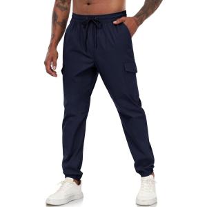 imageLzzidou Mens Casual Cargo Jogger Pants Drawstring Waist Lightweight Straight SweatpantsNavy