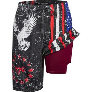 imageMens Swim Trunks with Compression Liner 9quot Builtin Board Shorts 2 in 1 Quick Dry Bathing Suits with Zipper Pockets1776 Flag