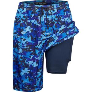 imageMens Swim Trunks with Compression Liner 9quot Builtin Board Shorts 2 in 1 Quick Dry Bathing Suits with Zipper PocketsBlue Camo