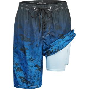 imageMens Swim Trunks with Compression Liner 9quot Builtin Board Shorts 2 in 1 Quick Dry Bathing Suits with Zipper PocketsBlue Gradient Leaves