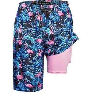 imageMens Swim Trunks with Compression Liner 9quot Builtin Board Shorts 2 in 1 Quick Dry Bathing Suits with Zipper PocketsBlue Leaf Flamingo