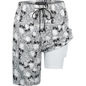imageMens Swim Trunks with Compression Liner 9quot Builtin Board Shorts 2 in 1 Quick Dry Bathing Suits with Zipper PocketsFlower Skull